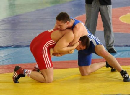 Two boys wrestling