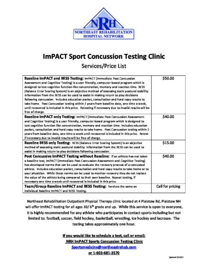 impact testing clinic services price list northeast rehab hospital